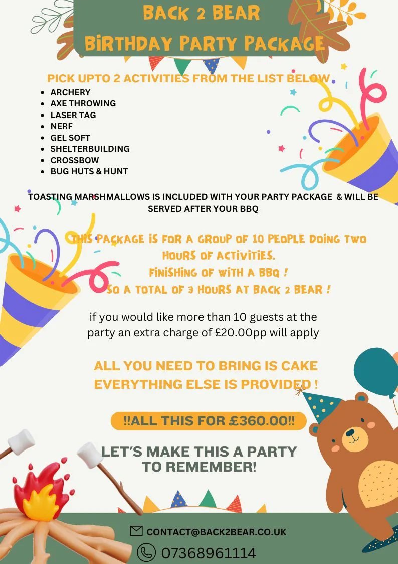 Back 2 Bear birthday party package flyer